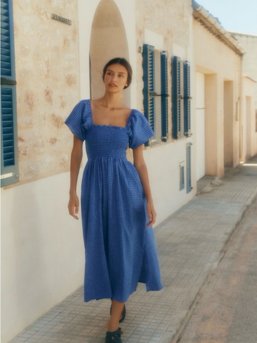 Opia Blue Gingham Smocked Square-Neck Midi Dress
